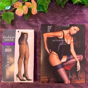 VS Satin Top Thigh Highs & WL Pattern Hosiery Sz B